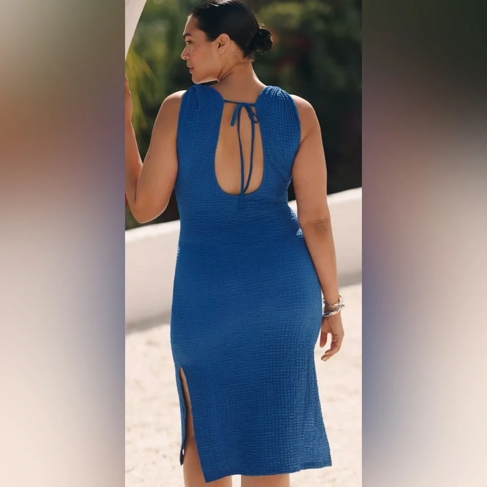 Anthropologie Celandine Textured Fitted Midi Blue Dress
